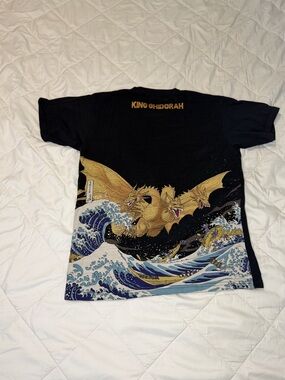 King Ghidorah Godzilla Ukiyo-e Wave Large T-Shirt TOHO Folcart Hokusai Style